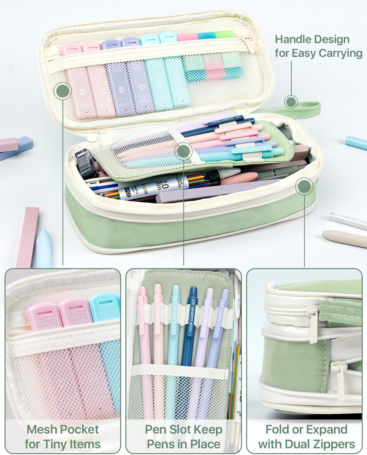 Four Candies 56 PCS Aesthetic School Supplies with Pencil Case, 6 Multicolor Pen, 12 Pastel Highlighters, 5 Gel Pens Black Ink, 9 Mechanical Pencils for Student Stationary Set Preppy Stuff (Green)