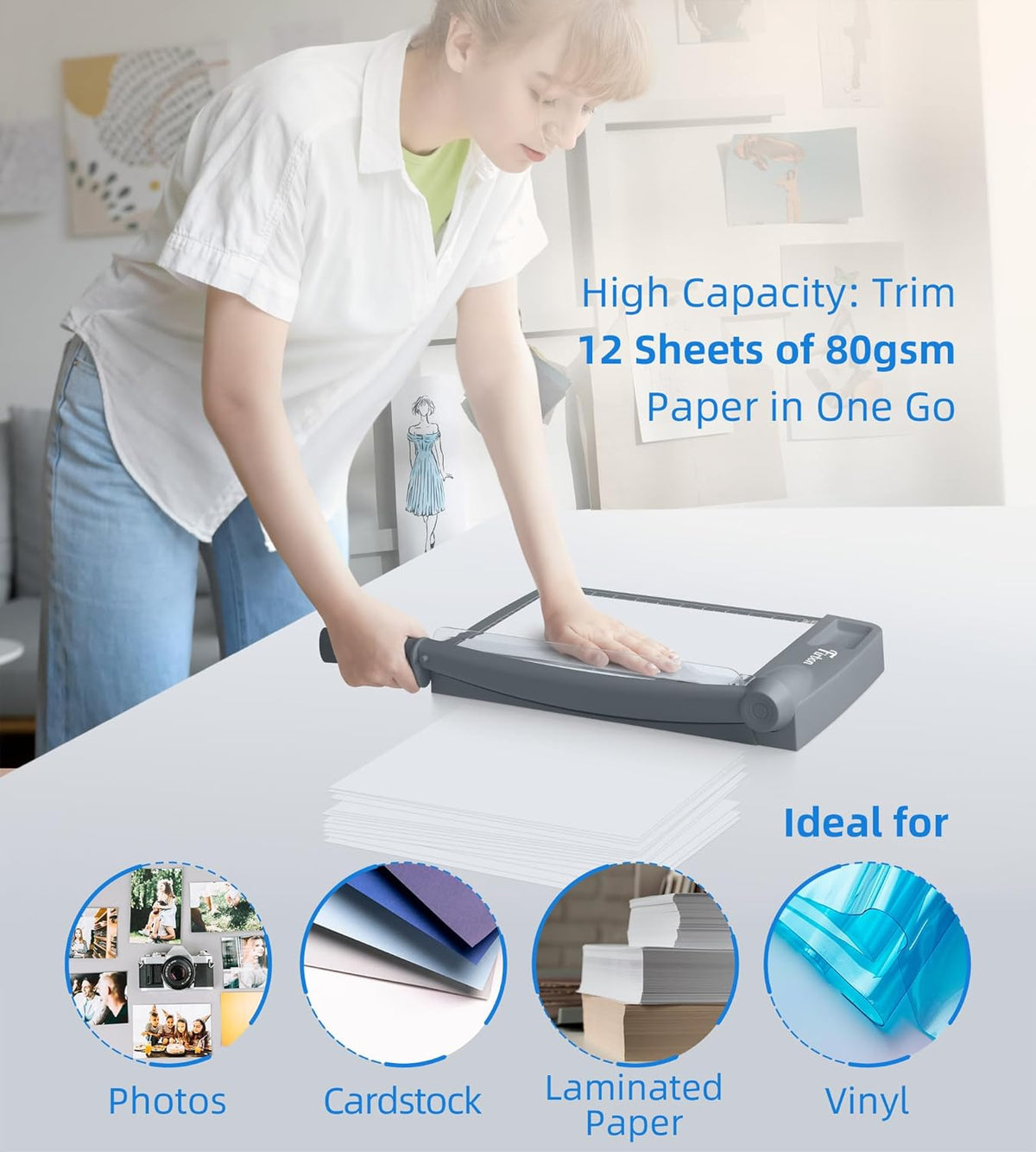 Firbon 12" Guillotine Paper Cutter, Heavy Duty 12-Sheet Capacity Trimmer for Cardstock, Photos, Scrapbooking, Office, Classroom, Studio (Gray)