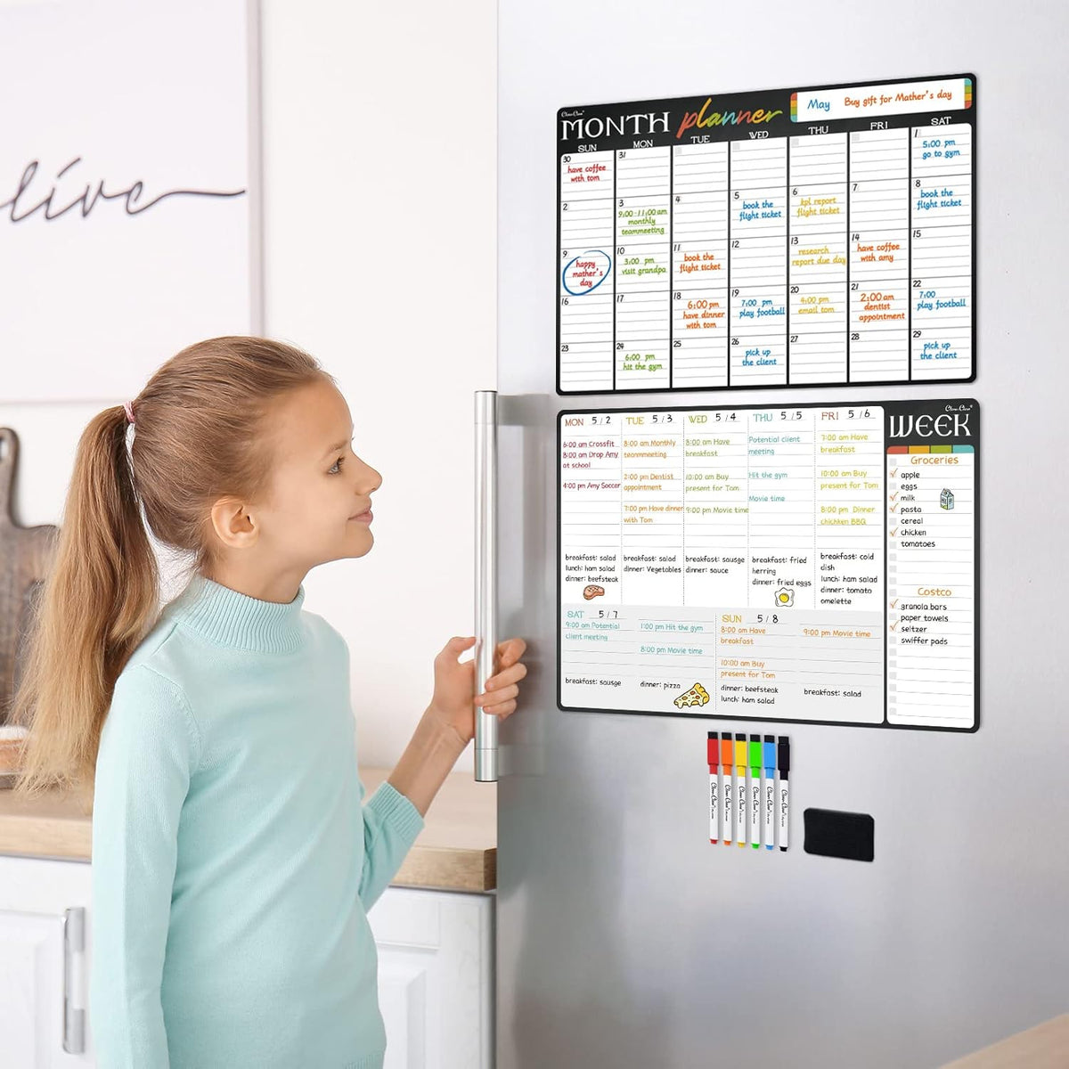 Magnetic Dry Erase Monthly and Weekly Calendar - 17"x12" Monthly and Weekly Whiteboard for Fridge - 6 Extra Fine Point Markers Included - Shipped Flat