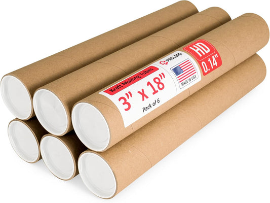 3" x 18" Heavy-Duty Reinforced Cardboard Mailing Tube, Pack of 6 Tubes with 12 Caps – Secure USPS Approved – Great for Shipping and Storing of Prints, Artwork, Posters or Documents