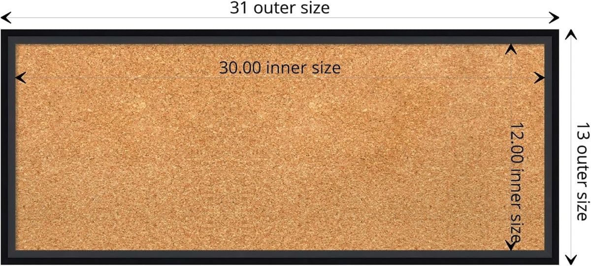 Amanti Art Natural Cork Board for Wall, 13x31 Vision Board with Black Wood Frame, Medium Corkboard Office Decor for Home Organization, Modern Contemporary Corkboard Pinboard to display items for home