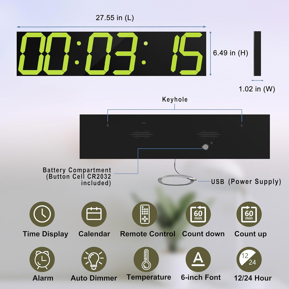 Digital Wall Clock, Oversize Digital Clock with Auto Dimmer, Huge Countdown Timer with Remote Control, 27" Wide Led Display, 6 Digits, Wall Mount, Date and Temperature（Yellow）