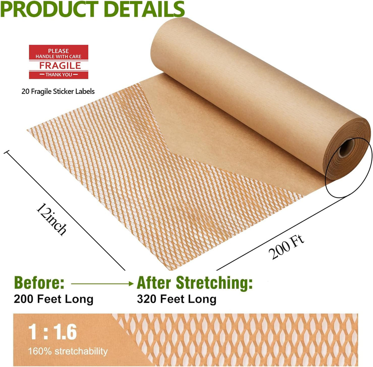 Honeycomb Packing Paper,12" W x 200' L Bubble Cushioning Wrap for Moving,Products & Gifts Wrapping Paper,Recyclable and Biodegradable Cushioning Packing Material with 20 Fragile Sticker Labels