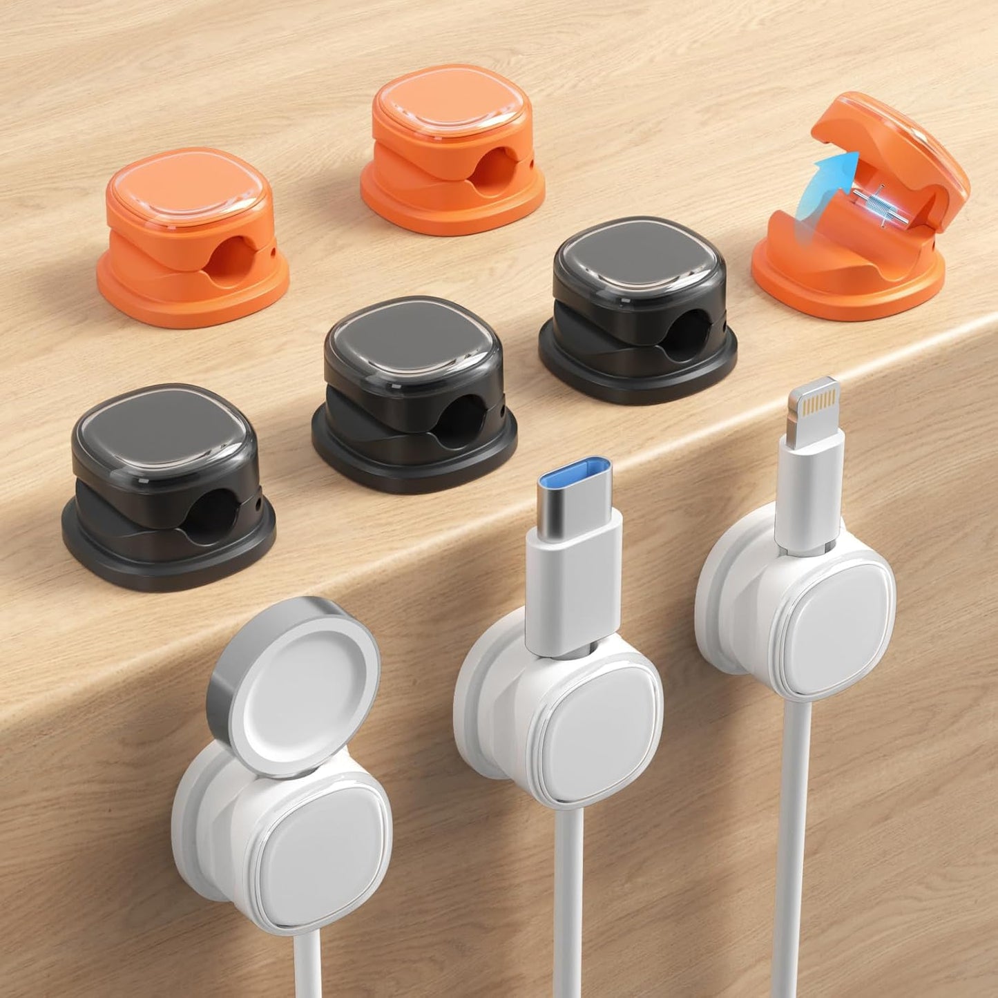 9 Pack Cord Organizer, Spring Cable Management, Adhesive Cute Cable Holder Clips, Phone Charger Wire Keeper for Desk Nightstand Car Office (9-Pack White_Orange_Black)