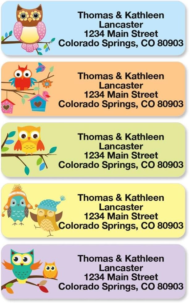 Owls Seasonal Rolled Personalized Return Address Mailing Labels with Dispenser, Set of 500, 5 Designs, Small ¾ x 2½ Inch Size, Custom Self-Adhesive Sticker Roll, by Colorful Images