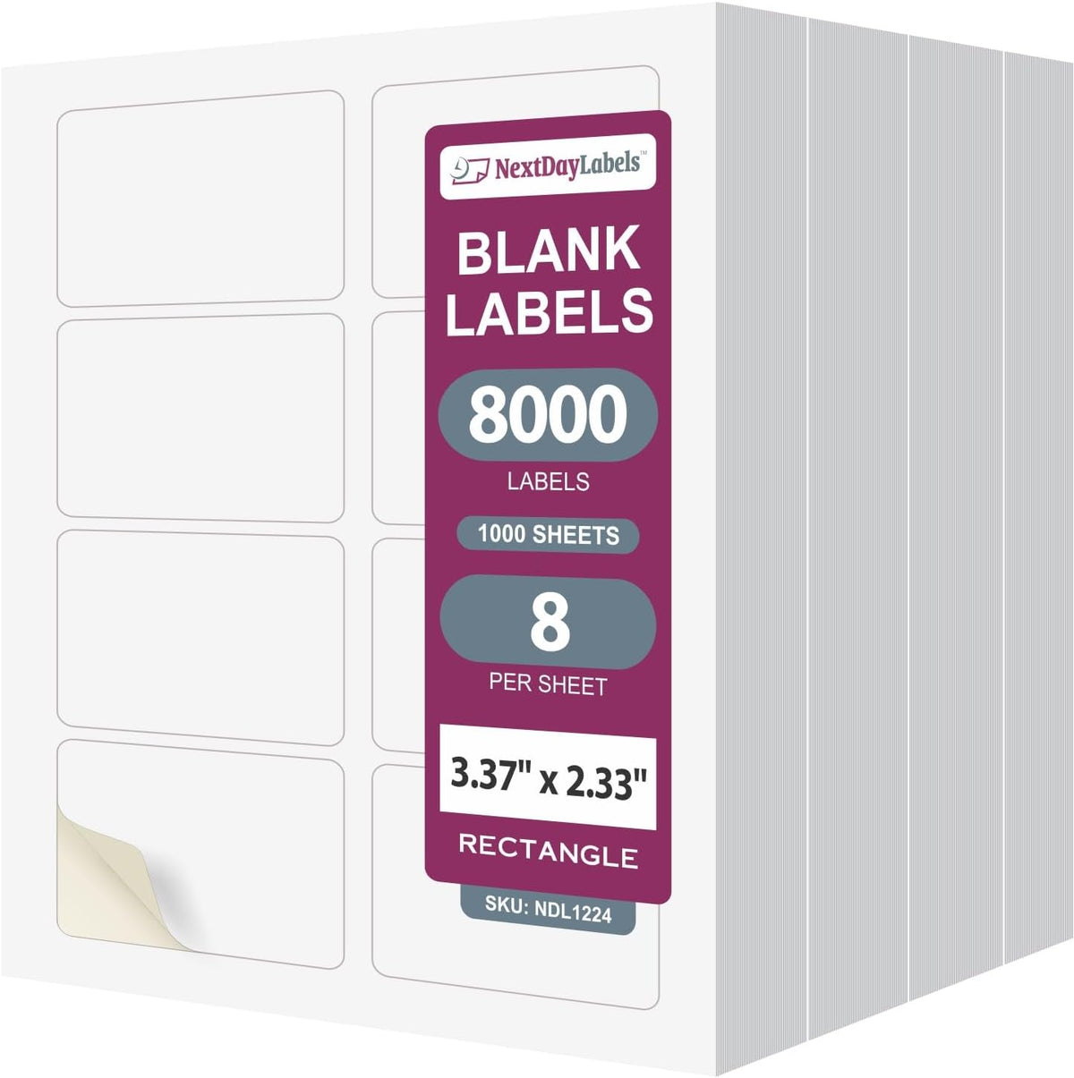 NextDayLabels – 3-3/8" x 2-1/3" Rectangular Sticker Labels for Printer - White Laser/Inkjet Printer Labels Return Address Labels Shipping Label Stickers (1000 Sheets, 8 Per Sheet, 8000 Labels)