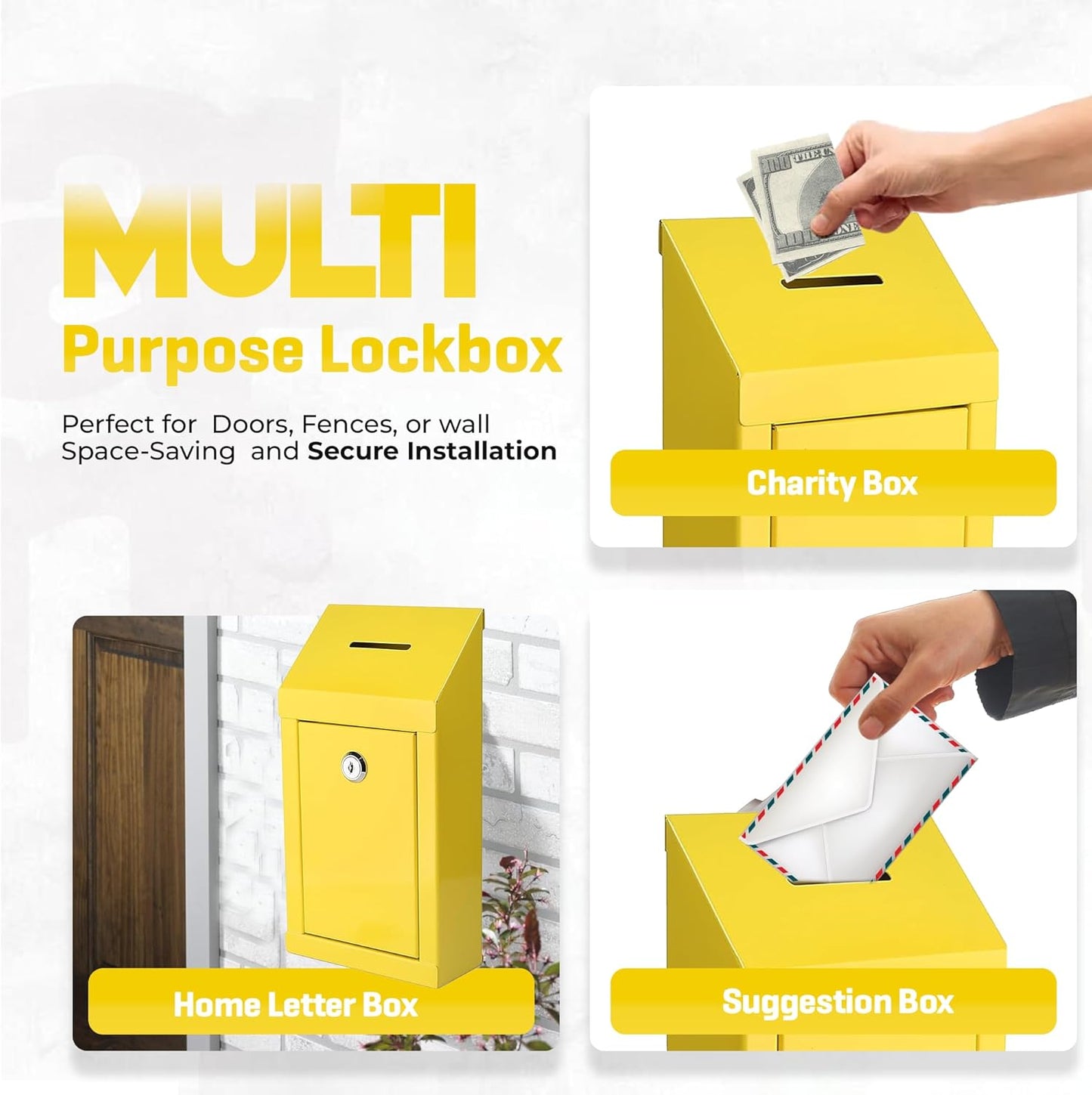 Metal Donation Box-Suggestion Box with Slot and lock-Cash Lock box for Money-Secure Drop Box-Comment and ballot voting box-comes with pre-drilled holes for easy wall mounting 10 X 6 X 2.5"(Yellow)