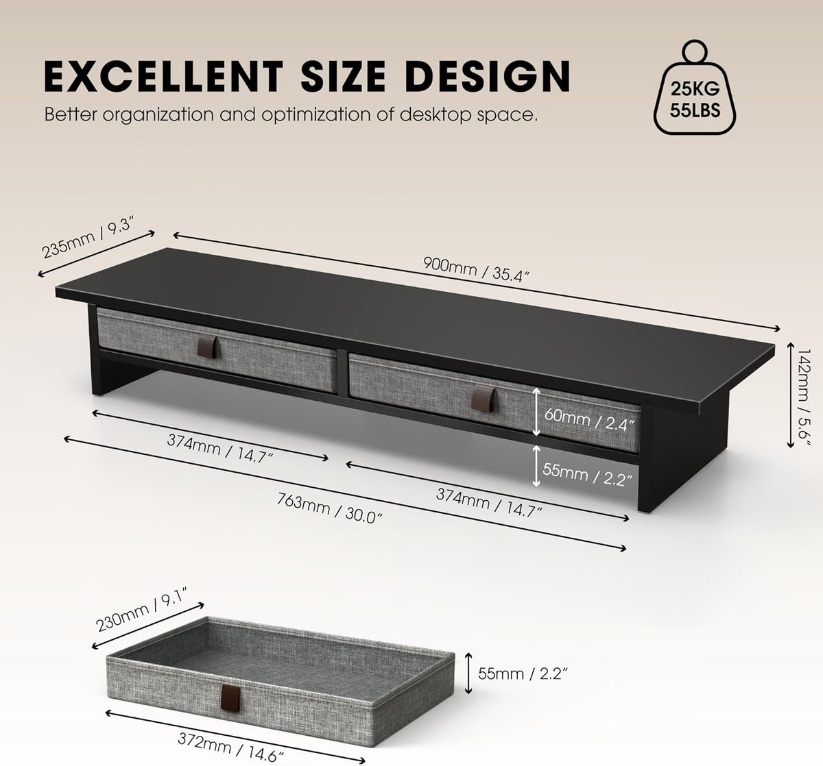 Fenge Monitor Stand with Drawer, 2 Tiers Dual Monitor Riser for Desk, 35 Inch Computer Stand for 2 Monitors, Desk Shelf for Home, Office, Laptop, PC, TV, Printer