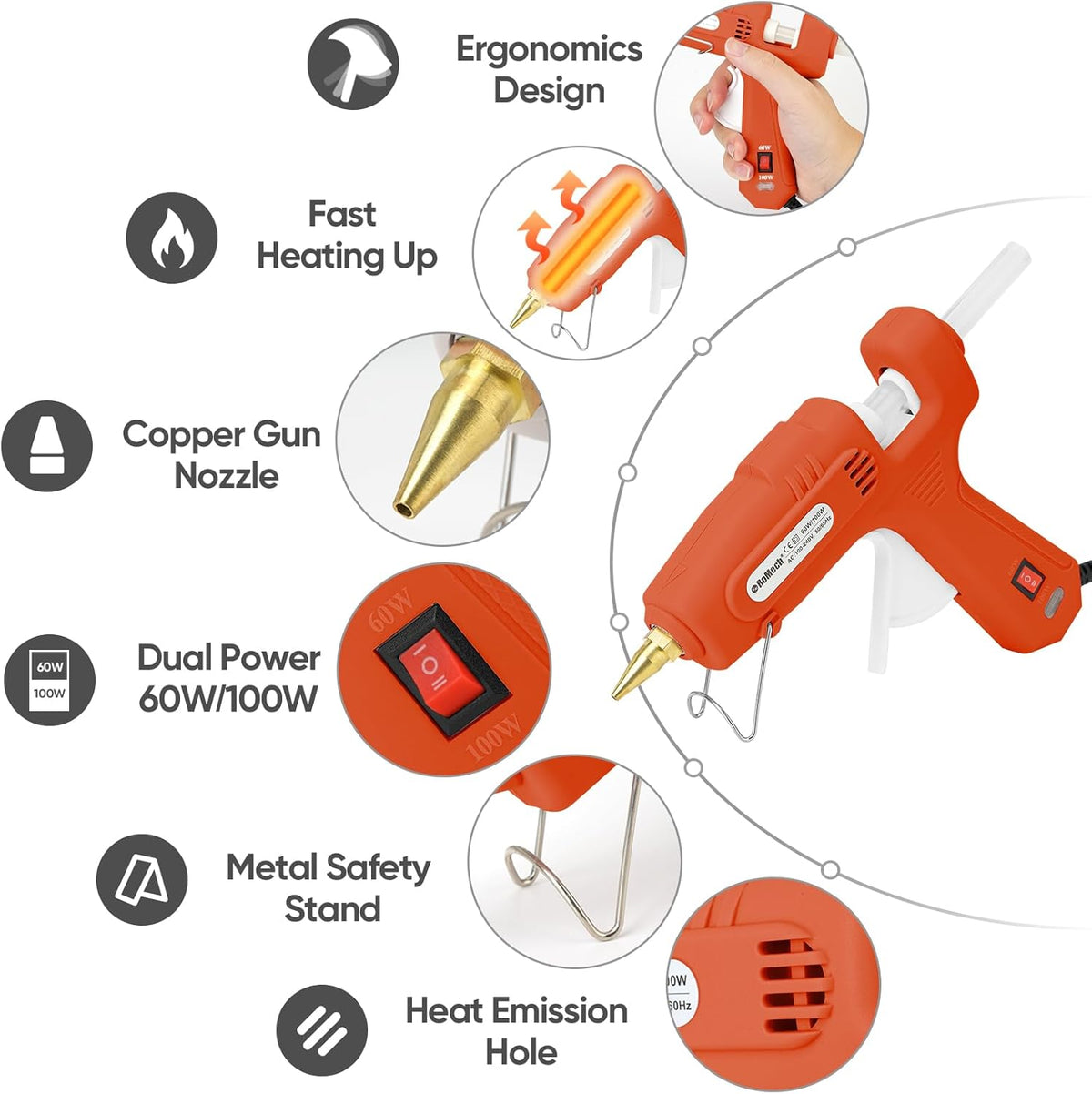 ROMECH Full Size Hot Glue Gun with 60/100W Dual Power and 21 Hot Glue Sticks (7/16"), Fast Preheating Heavy Duty Industrial Gluegun with Storage Case for Crafting, DIY and Repairs (Orange)