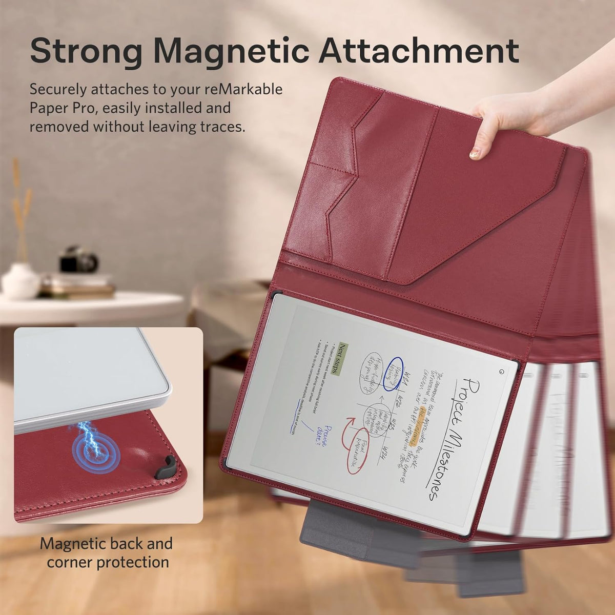 CoBak Premium PU Leather Case for Remarkable Paper Pro 11.8" (2024) – Slim Magnetic Back Cover with Auto Sleep/Wake, Folder Design, Magnetic Pen Holder Strap, Red Leather