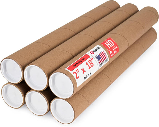 2" x 18" Heavy-Duty Reinforced Cardboard Mailing Tube, Pack of 6 Tubes with 12 Caps – Secure USPS Approved – Great for Shipping and Storing of Prints, Artwork, Posters or Documents