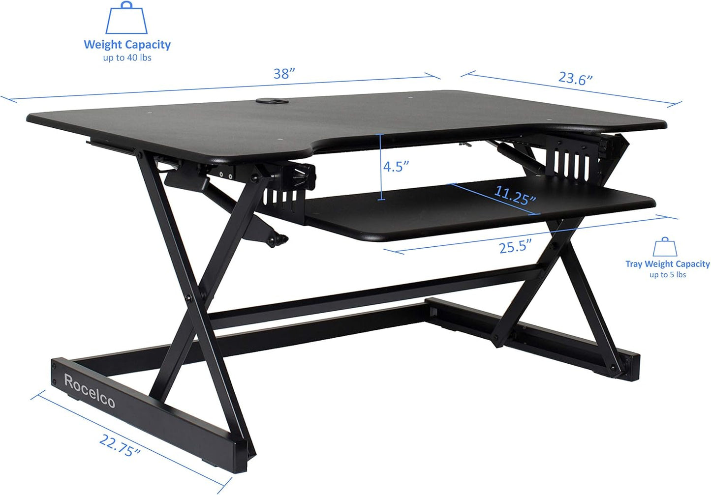 Rocelco 38" Large Height Adjustable Standing Desk Converter - Quick Sit Stand Up Dual Monitor Riser - Gas Spring Assist Tabletop Computer Workstation - Retractable Keyboard Tray - Black (R DADRB-38)