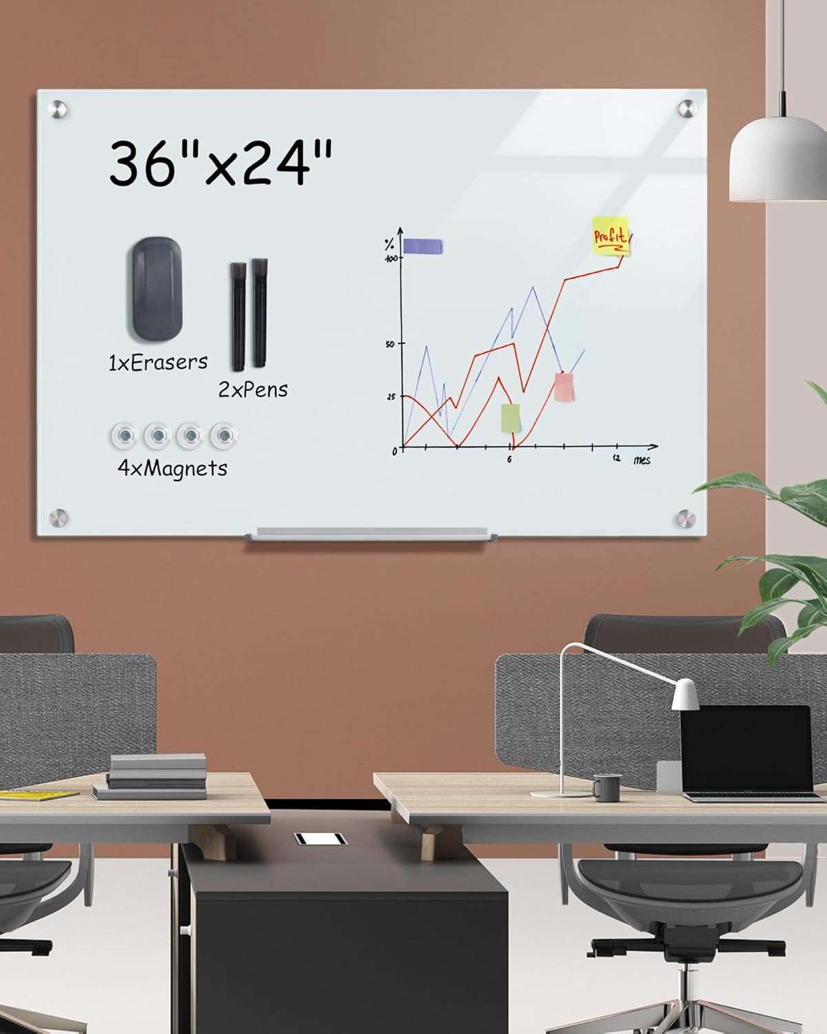Magnetic Glass Whiteboard，36"x24" Wall Mounted Frameless Dry Erase Board for Office, Home & School White
