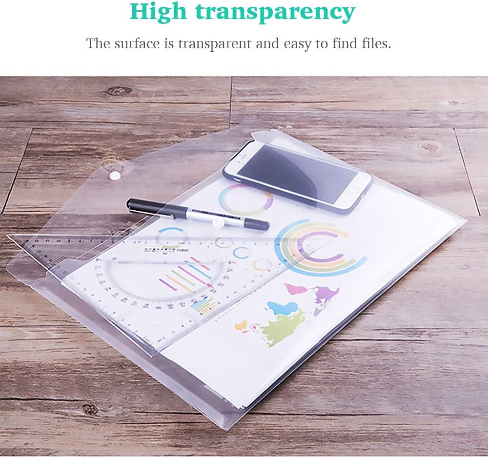Clear Document Folders Transparent Filing Envelopes Waterproof Plastic Envelopes File Holder Filing Document Poly Envelope with Snap Button Closure for A4 Letter Paper Size (5 Pcs)