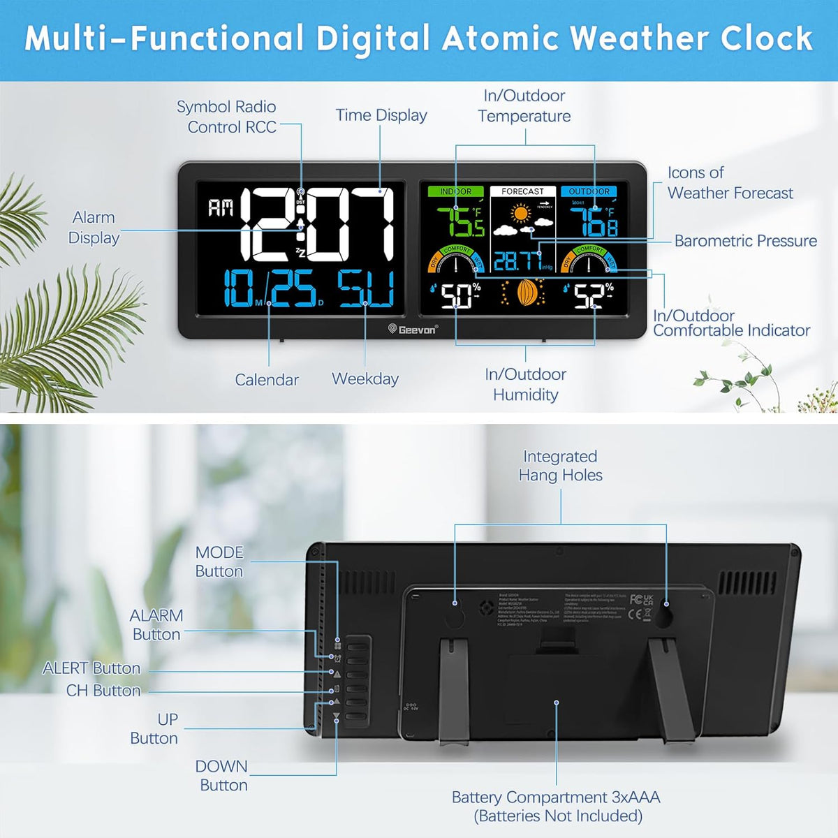 Geevon Weather Stations Wireless Indoor Outdoor Thermometer with Atomic Clock, HD Color Display Digital Temperature Humidity Gauge with Brometer, Comfort Indicator, and Adjustable Backlight