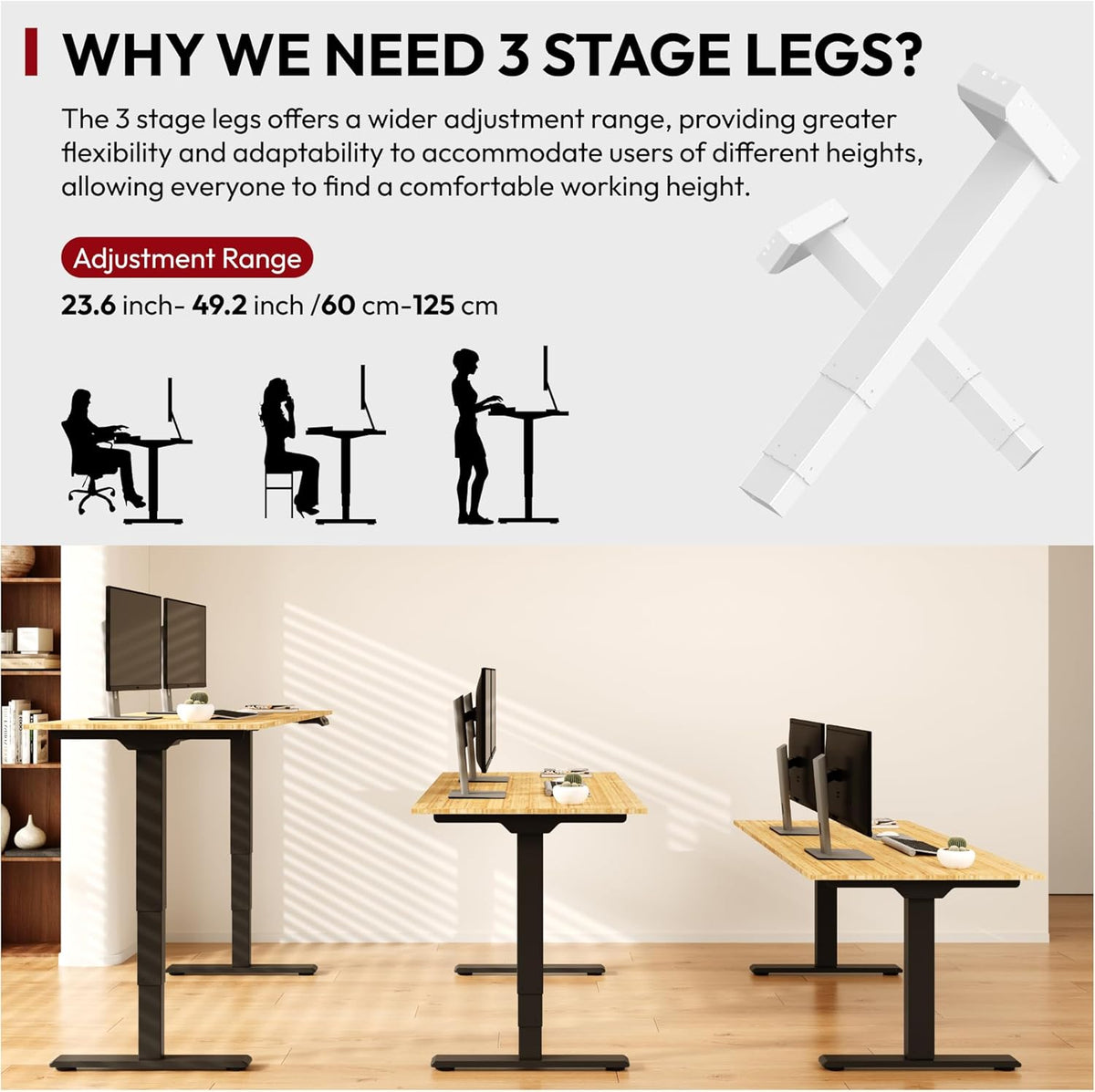 SANODESK 55 Inch 3 Stage Bamboo Electric Standing Desk, Dual Motor Height Adjustable Desk, Whole-Piece Desktop Sit to Stand Home Office Desk (Black Frame/ 55” x 28” Natural Bamboo Top)