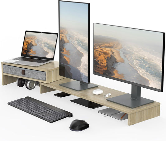 Fenge Computer Monitor Riser Stand with Drawer for 2 or 3 Monitors ,Adjustable Length and Angle Desktop Laptop Stand,Office Organizer,Printer,Oak