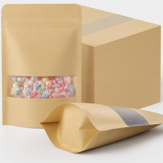 Geosar 150 Pcs Kraft Bags with Window 8.5 x 12.5 Inch Stand up Kraft Pouches Bulk Zipper Paper Pouches Food Storage Reusable Heat Sealable Bags for Packaging Home Business Office