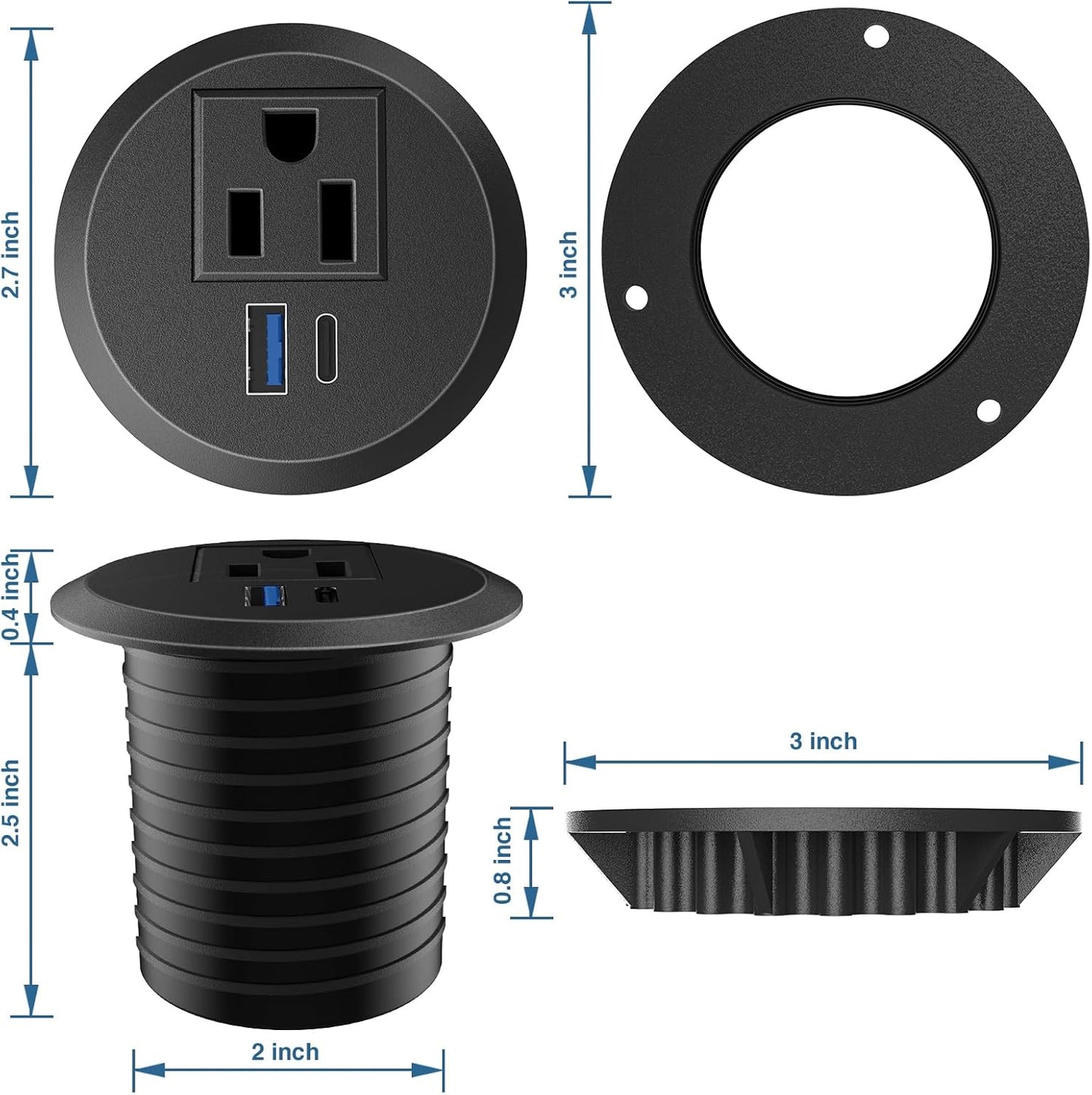 Desktop Power Grommet, 2inch Desktop Power Grommet Outlet, Recessed Power Strip Outlet with 1 USB and 1 Type-C, 20W PD Fast Charge for Desk, Kitchen, Office, Home, Hotel and More