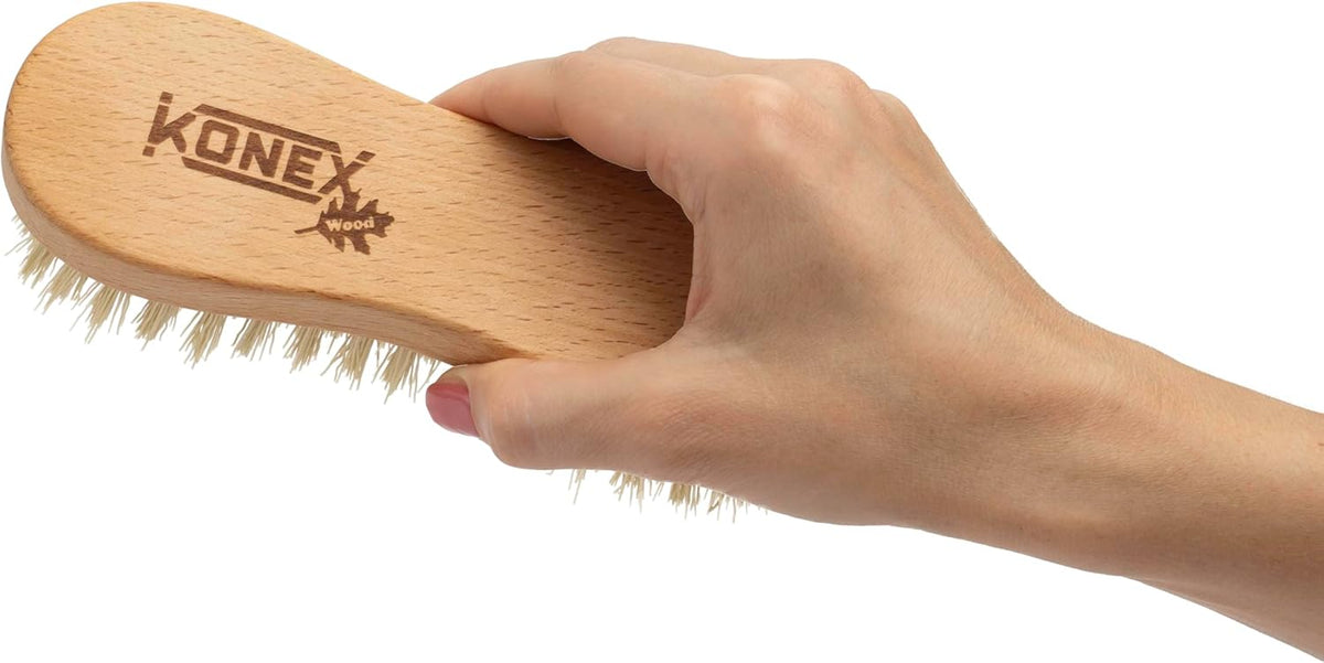 KONEX Nylon Fiber Economy Utility Cleaning Hand Brush | Heavy Duty Hand-Held Scrub Brush Stiff Bristles | Wooden Body, Ideal Scrub Brushes for Cleaning (Peanut Shaped)