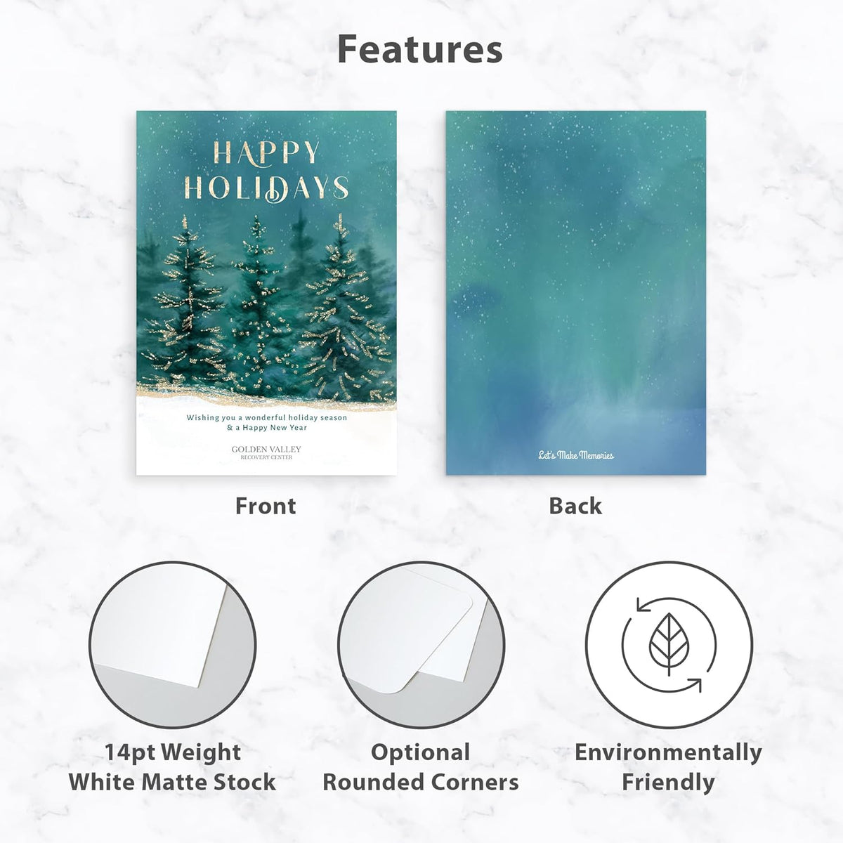 Let's Make Memories Personalized Business Christmas Cards with Envelopes - Premium Quality - 5x7-2025 Holiday Cards & White Envelopes - Gilded Trees - 75 ct