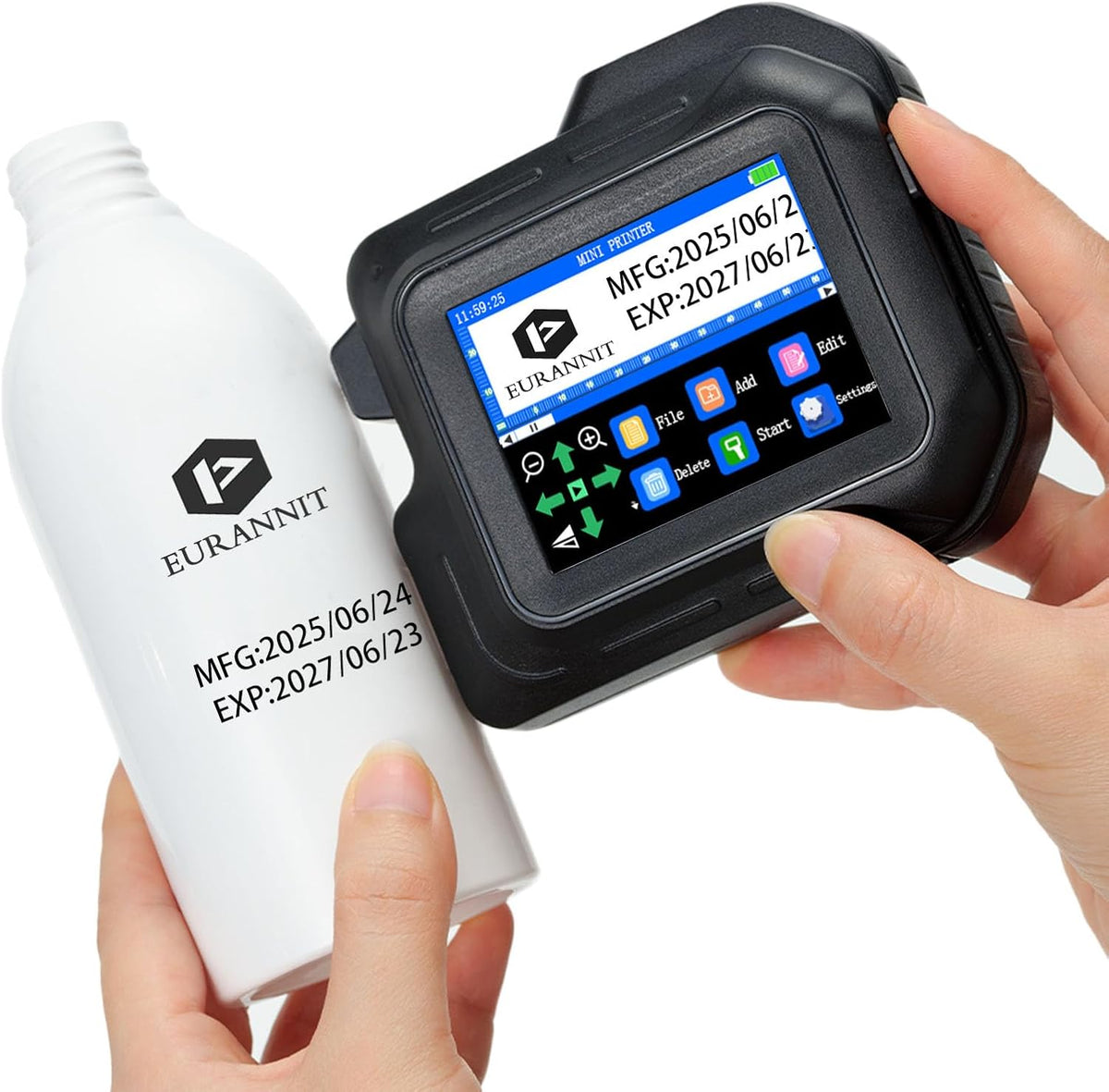 Mini Handheld Inkjet Printer, 0.5" Nozzle, 2.8" Touch Screen, Portable, Black, Monochrome, 600 dpi, 8 ppm, Simplex, USB-C, Water-based Ink, Industrial Use