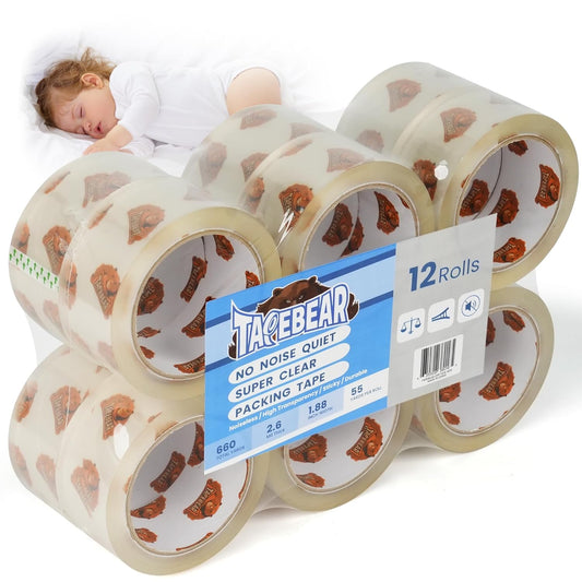 No Noise Packing Tape, Upgraded High Transparency 2.6mil x 1.88" x 55 Yards Quiet Packaging Tape Refill Rolls, Heavy Duty Shipping Tape for Sealing, Storage, Moving, 12 Rolls, Total 660Yards