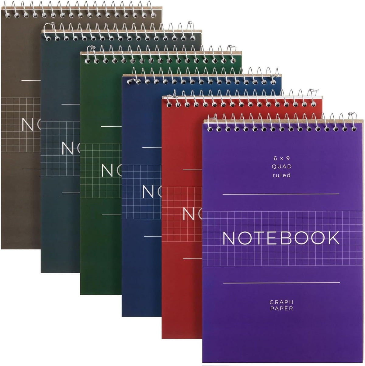 Juvale 6 Pack Quad Ruled 6x9 Inch Top Bound Spiral Graph Paper Notebook - 80 Sheets / 160 Writable Page Steno Notepads for Writing, Sketching, Drawing, School Supplies (6 Colors)