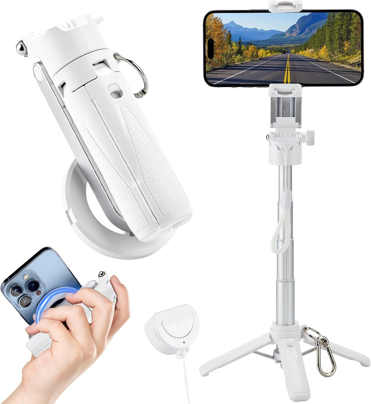 MQOUNY for Magsafe Tripod Stand for iPhone,Portable Pocket Size Selfie Stick with Rechargeable Remote and Metal Ring,Extendable Detachable Cell Phone Tripod Compatible with iPhone/Android (White)