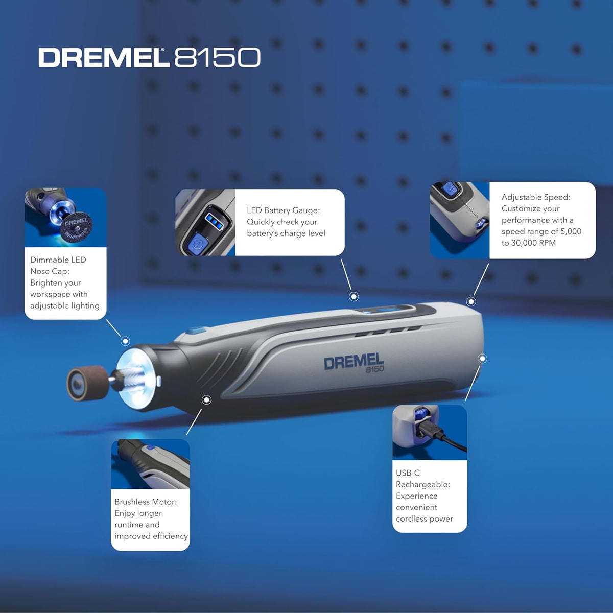 Dremel 8150 8V Cordless Rotary Tool Kit with Brushless Motor and LED Work Light - Variable Speed, USB-C Rechargeable and Includes 20 Accessories