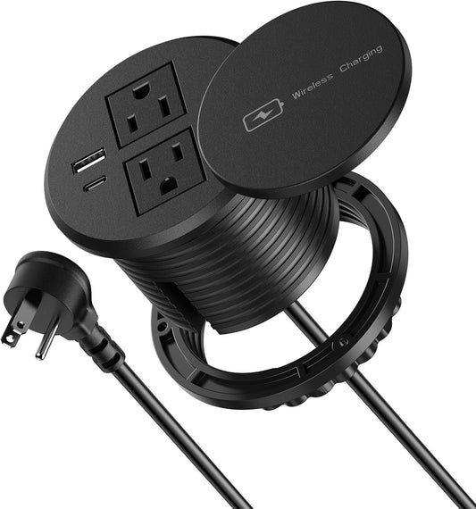 3 Inch Desk Power Grommet with 15W Wireless Charger, 20W USB-C Fast Charging Countertop Grommet Recessed Mount Power Outlet, with AC Outlets and 6ft Extension Cord