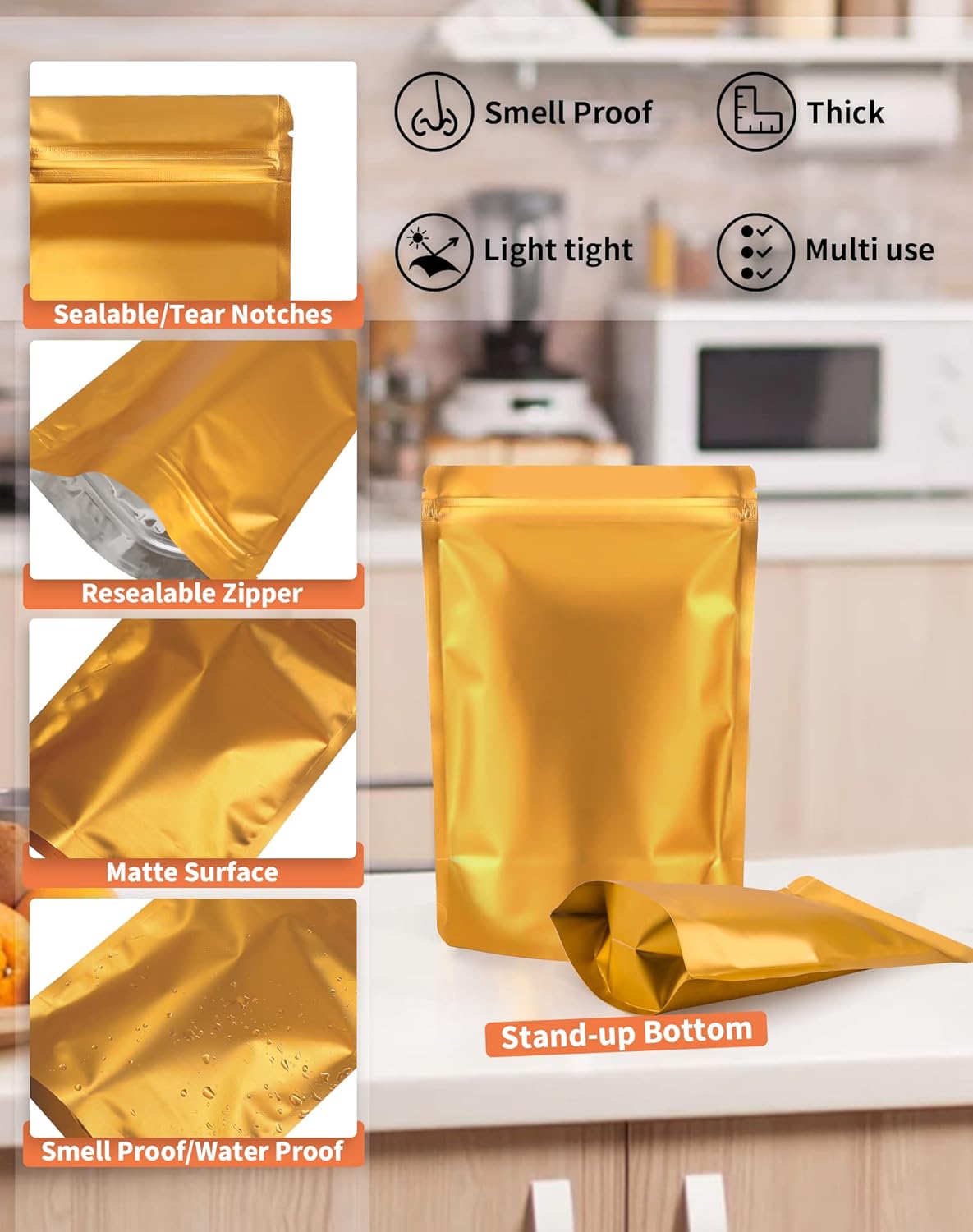 100 Pack Resealable Stand Up Bags,Smell Proof Pouch Sealable Foil Pouch Bags for Packaging (Gold, 3.5" x 5.1")