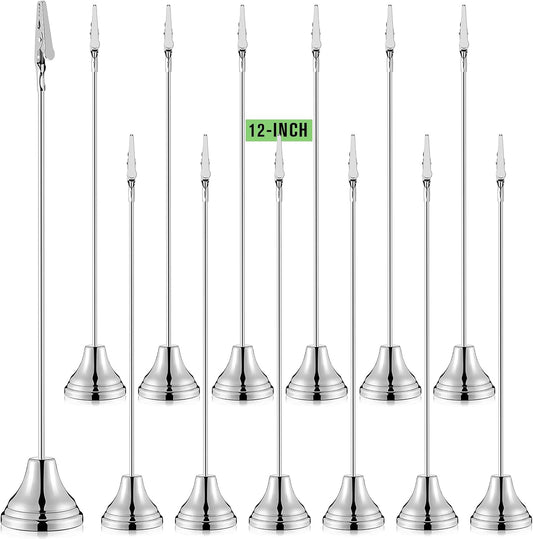 12 Pcs Table Number Holders 12 Inch Place Card Holder with Alligator Clip Metal Place Card Stands Table Sign for Photos, Food Signs, Birthdays, Weddings (Silver)