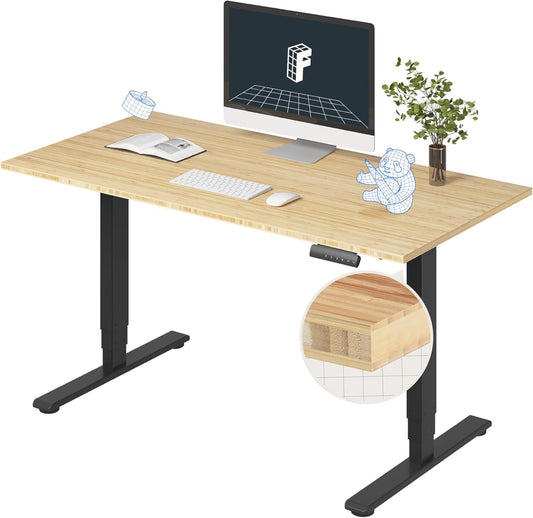 FLEXISPOT E6 Essential Bamboo 3 Stages Dual Motor 55x28 Inch Electric Height Adjustable Standing Whole-Piece Board Desk Sit Stand Up Desk (Black Frame + Bamboo Desktop)