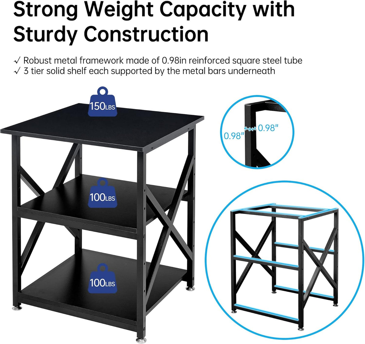 Printer Stand, 23.6 x 23.6 x 30.1 Inches Large Square Printer Table with Height Adjustable Storage Shelf, 3 Tier Rolling Printer Cart with Industrial Wheels for Home Office - Black