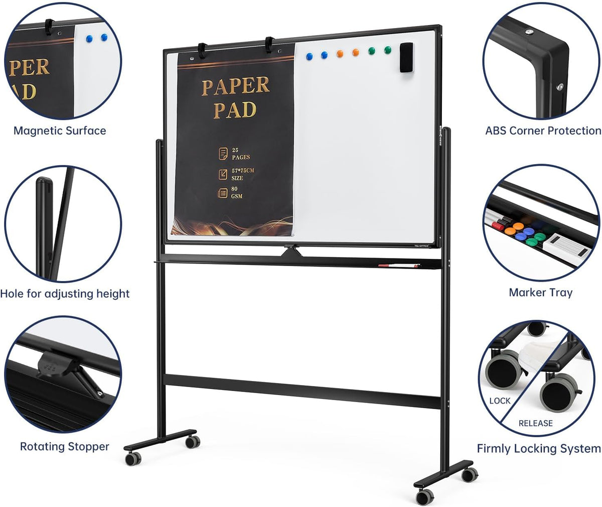 Large Dry-Erase Rolling Magnetic Whiteboard - 48 x 32 Inches Dry Erase Board with Stand Height Adjust Double Sides Mobile White Board Easel on Wheels with 25 Sheets Paper Pad Office, Home & Classroom