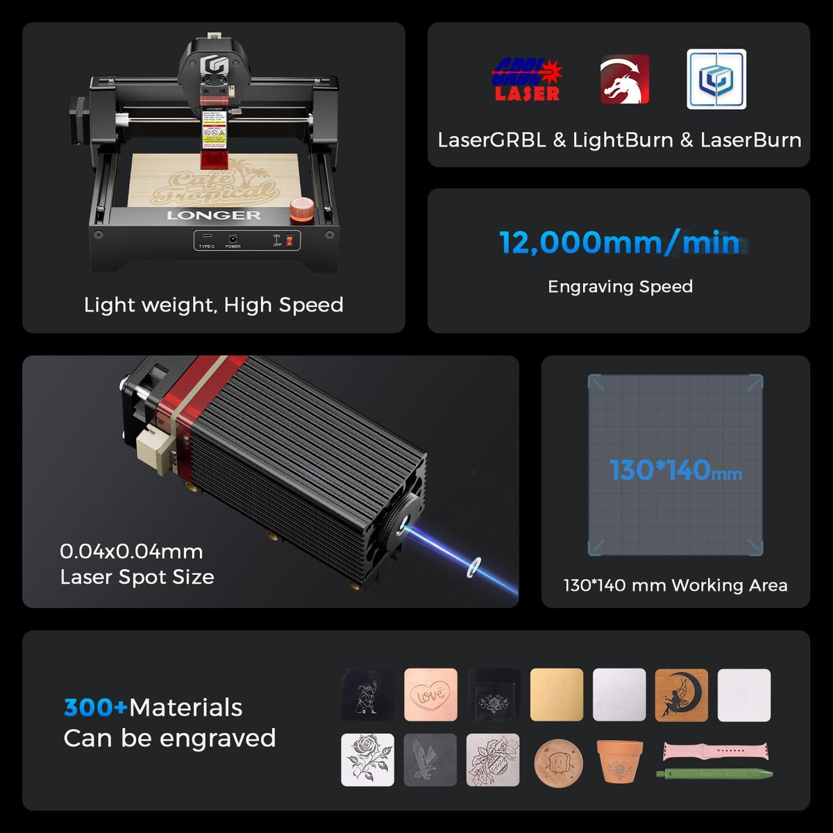 LONGER Ray5 mini Laser Engraver, 12000mm/min High-Speed Cutter for Wood, Metal, Acrylic, Leather, DIY CNC, 140x130mm Engraving Area, WiFi, Emergency Stop Safety (2.5W)