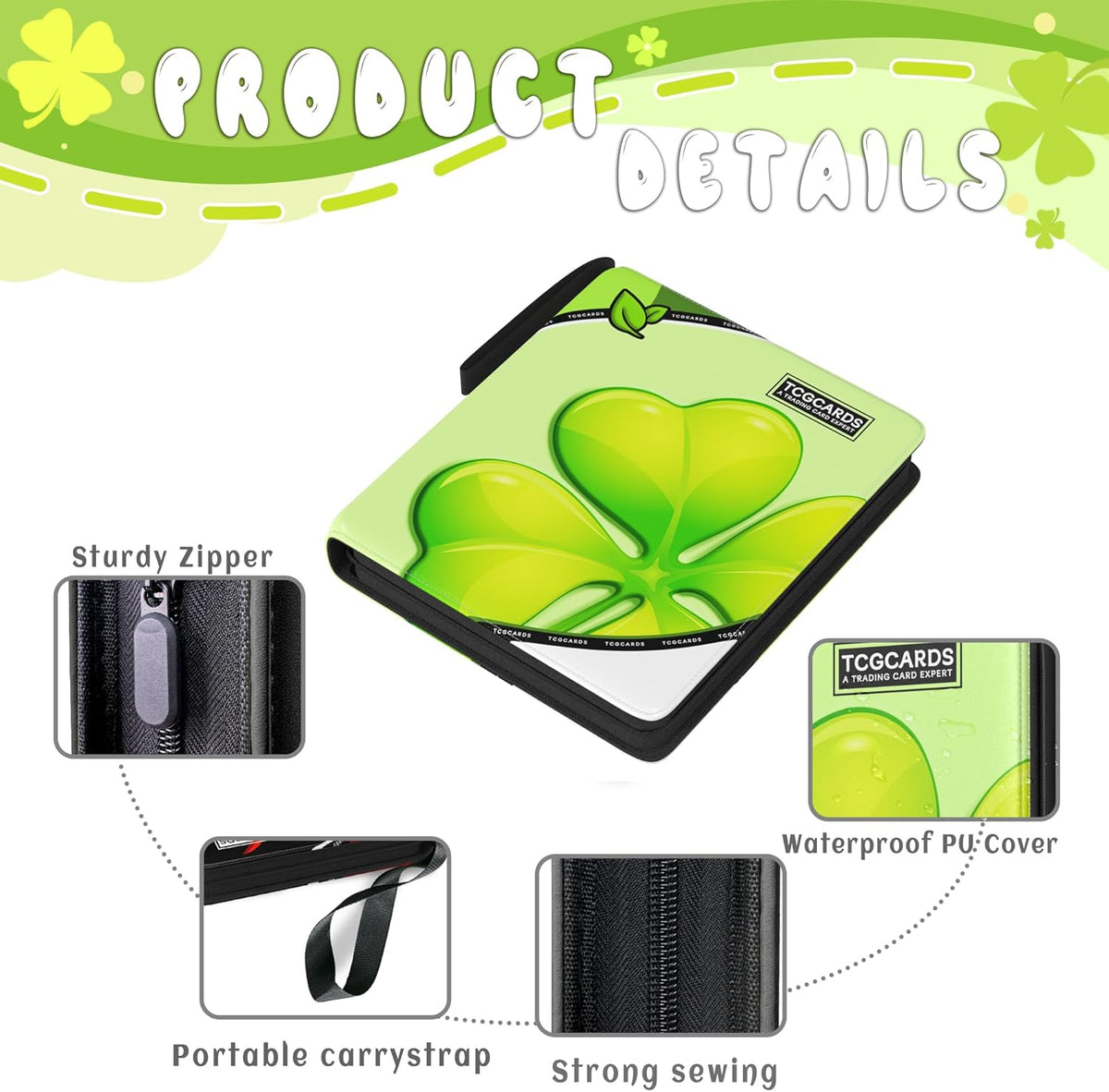 Trading Card Binder 4 Pocket，Card Binder 400 Pockets Card Book Holder Cards with 50 Removable Sleeves，3-Ring Zip Design MTG/TCG/Sport Collectible Trading Card Albums Gifts for Boys and Girls (Leaf)