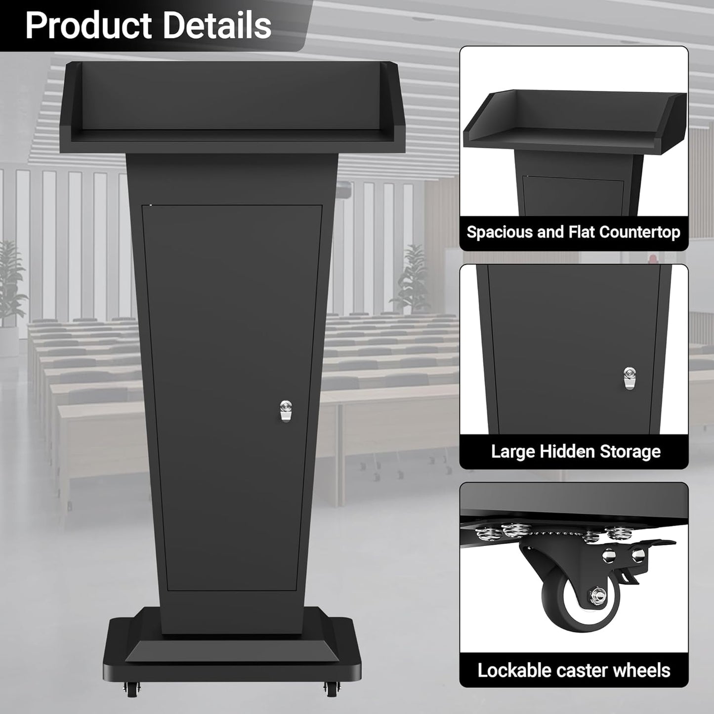 Tredre Podium Stand with Wheels, Heavy-Duty Metal Lecterns & Podiums with Storage, 46.5”H Portable Pulpits for Churches, Classrooms and Conferences, Scratch-Resistant Surface, Black