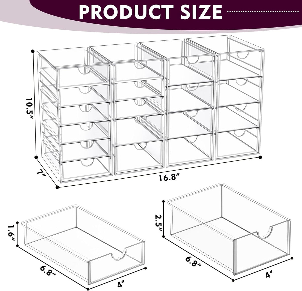 Acrylic Makeup Organizer with 19 Drawers, 4 Pack Clear Storage Drawers, Bathroom Makeup Organizer for Palettes, Cosmetic, and Beauty Supplies,Ideal for Vanity, Cabinet,Desk Organization