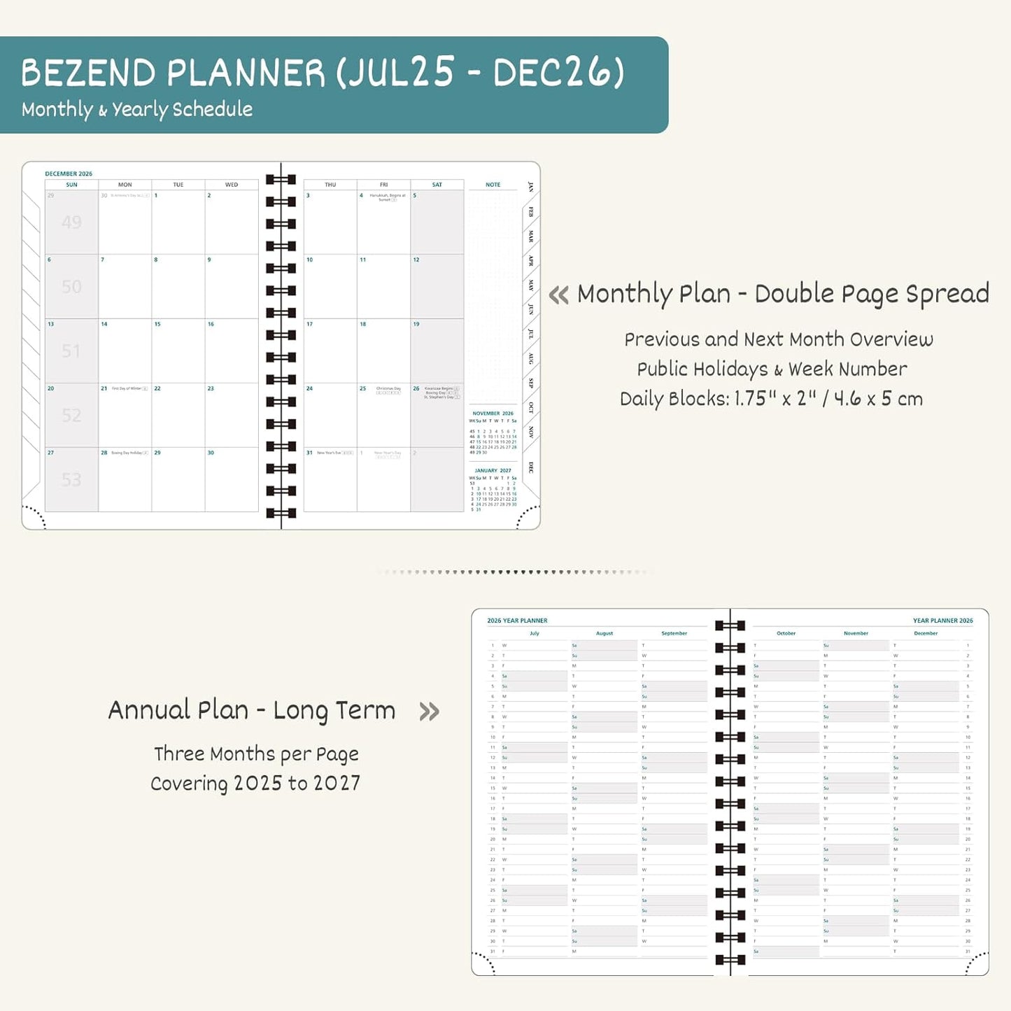 BEZEND Planner 2025-2026 Weekly and Monthly, 8.5" x 11" Academic Calendar (Jul 25-Dec 26) Vertical Daily Appointment with Hourly Timeslot & Monthly Tab, Spiral, PU Leather Softcover - Blueberry