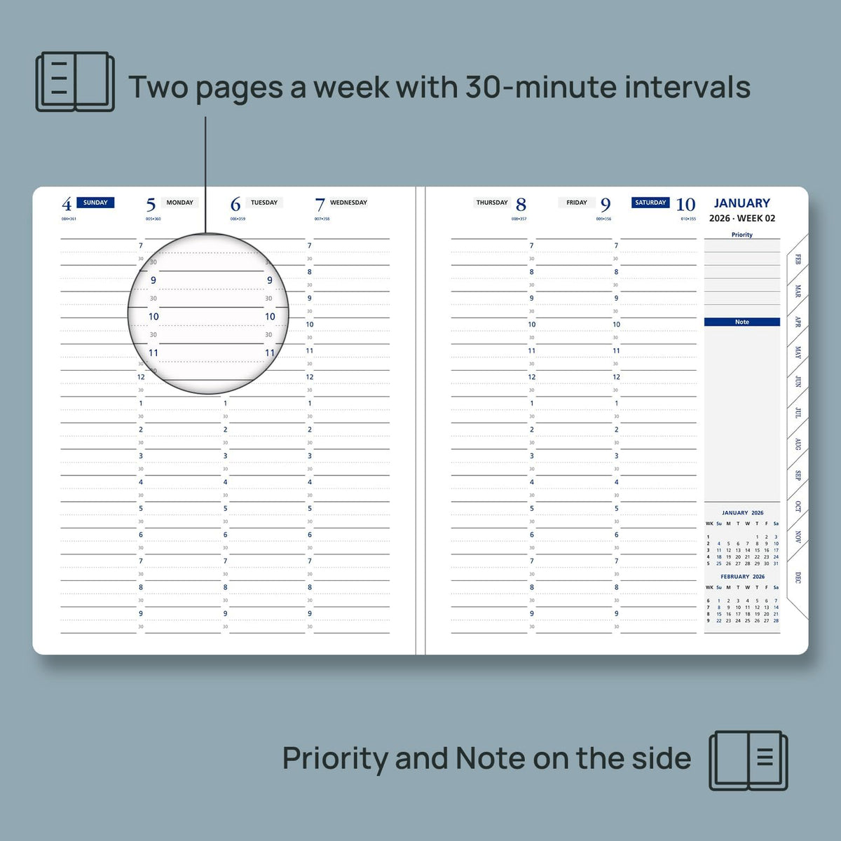 POPRUN 2026 Weekly Planner (Medium 7'' x 8.5''), 30-Minute Hourly Appointment Book (Jan 2026-Dec 2026) with Monthly Tabs, Inner Pockets, Pen Holder, PU Leather Softcover, 100GSM - Purple