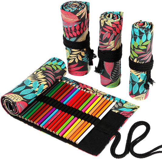 DIYOMR 24/36/72 Slots Pencil Wrap Pencil Rolls, Artist Colored Pencils Roll Up Bag Short Brushes Pouch Case Pencils Organizer for Drawing Coloring and Sketching (Colorful Leaves, 72slots)