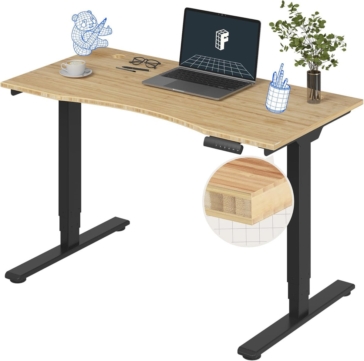 FLEXISPOT E6 Essential Bamboo 3 Stages Dual Motor 48x24 Inch Electric Height Adjustable Standing Whole-Piece Board Desk Sit Stand Up Desk (Black Frame + Bamboo Curved Desktop)