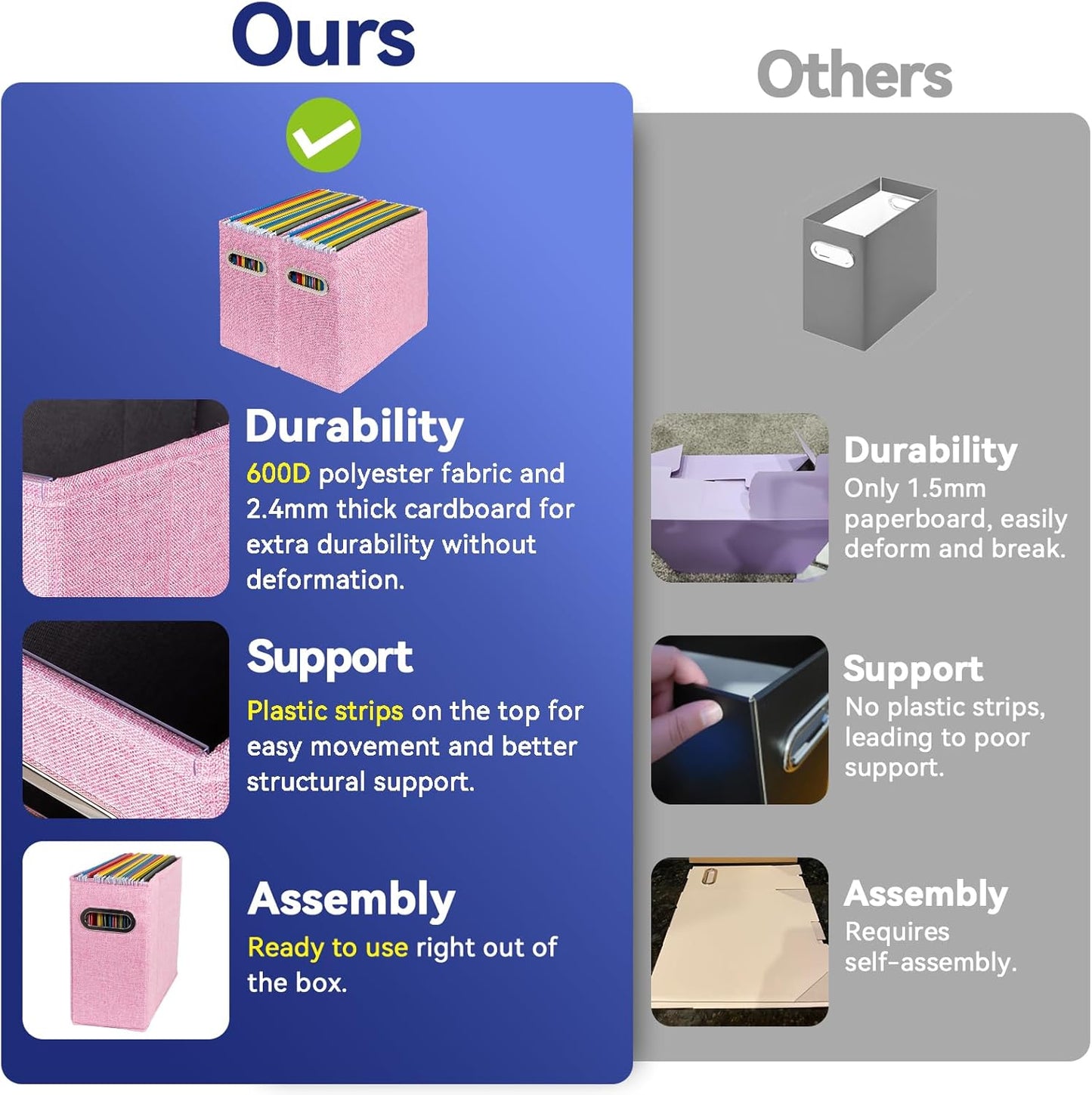 4 Packs Letter Size File Organizer, File Folders Organizer, Fabric Storage Box, Collapsible Paper Organizer with Metal Handle, Smooth PVC Rails, Only Box (Pink)