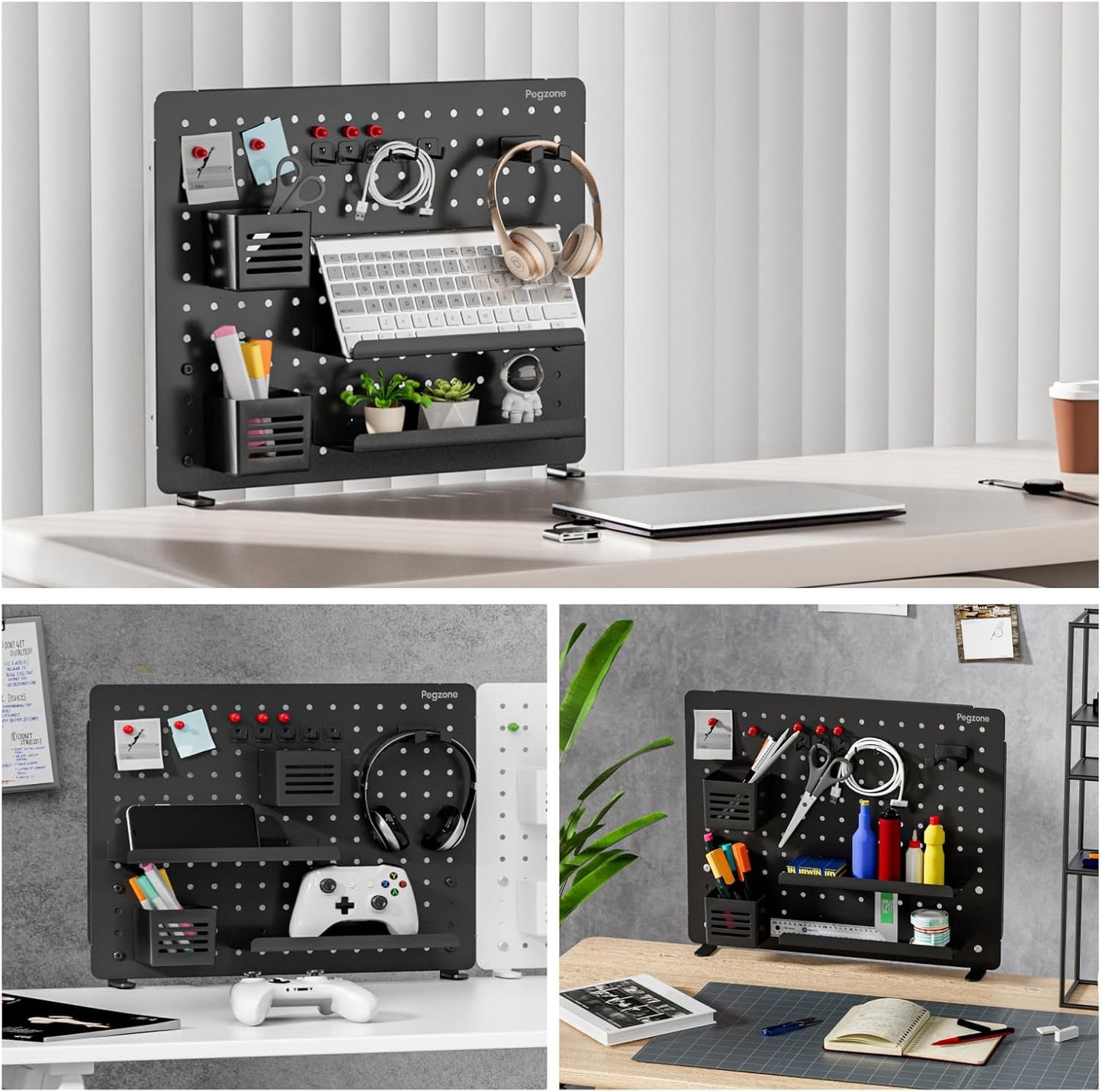 Clamp-on Desk Pegboard, Desk Organizer for Office Gaming Home, Magnetic Metal Peg Board with 15 Accessories, Privacy Panel for Office, 20.4" x 16.5", Large, Black