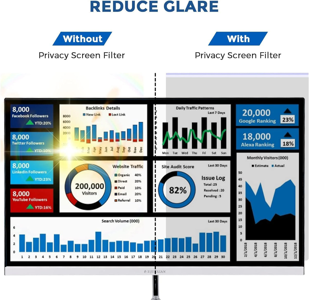 24 Inch Computer Privacy Screen Filter for 16:9 Widescreen Monitor, Removable Eye Protection Anti Glare Blue Light Filter Privacy Shield, Anti Spy Screen Protector Film 24 In
