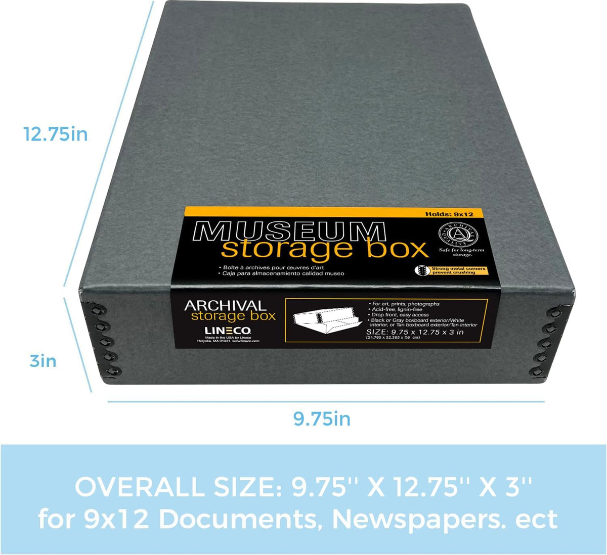 Lineco Museum Archival Storage Box, 9.75x12.75x3 in. Drop Front Design. Acid-Free with Metal Edge. Organize Photos, Pictures, Prints, Documents, Crafts, DIY. Gray, 2 Pack