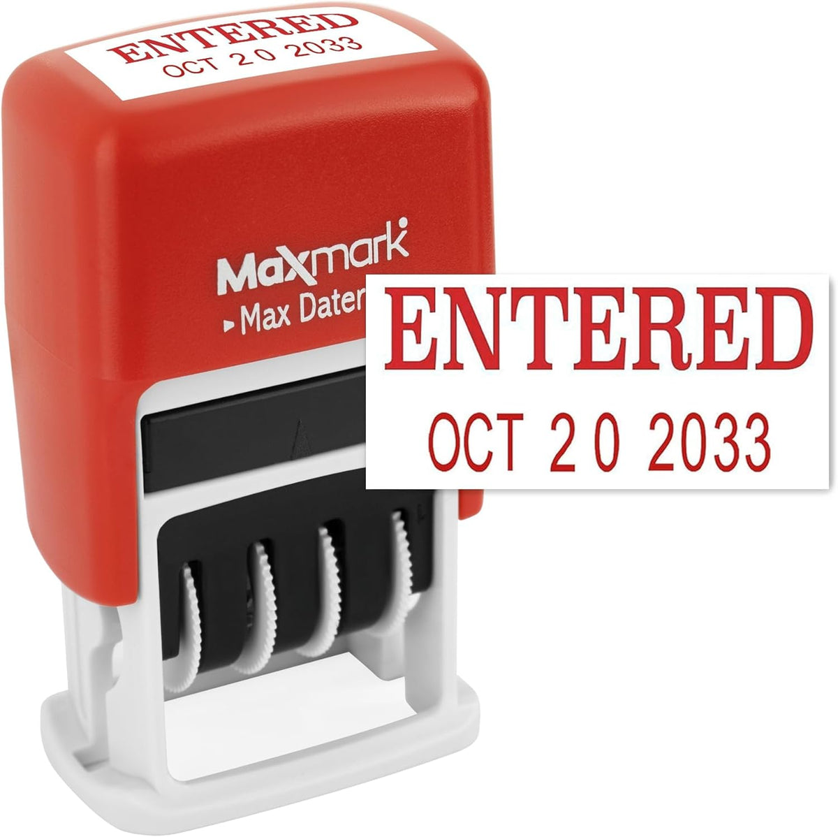 MaxMark Self-Inking Rubber Date Office Stamp with Entered Phrase & Date - RED Ink (Max Dater II), 12-Year Band