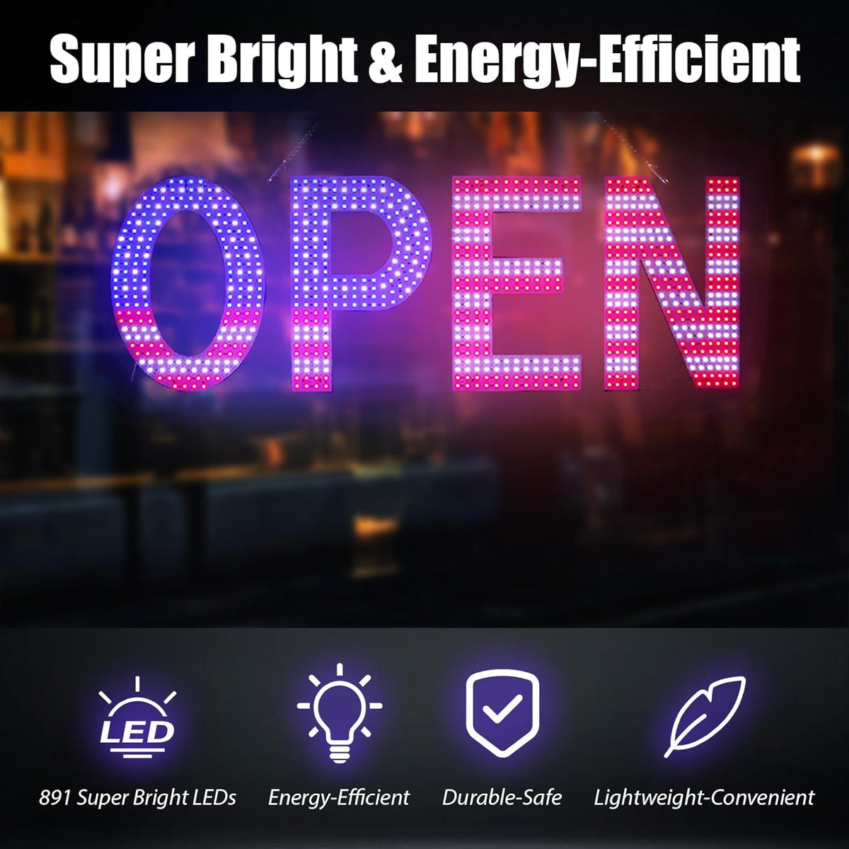 LED Open Signs for Business, 40"L x 14"W Inch Large Led Open Sign with 3 Scene Modes, Ultra Bright Adjustable Open Light Up Sign Led for Storefront Window Door Shop Store Bar Cafes Restaurant (US Flag Design)